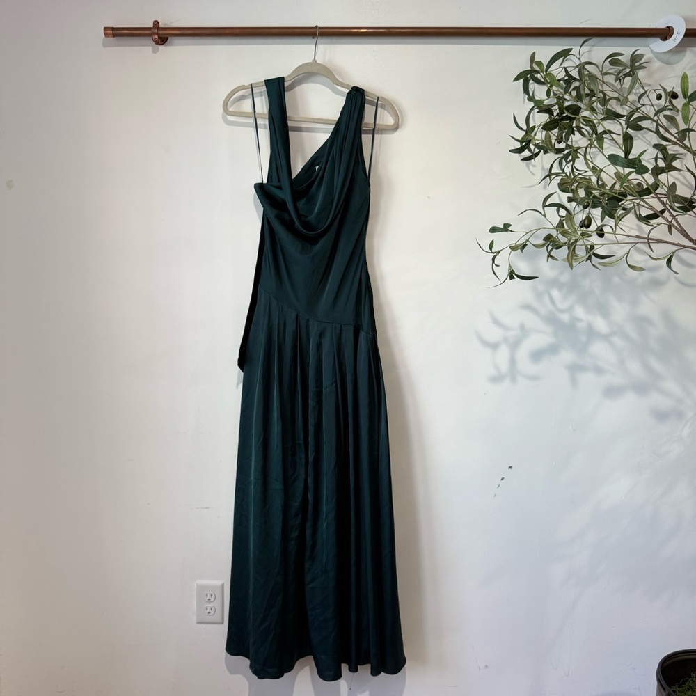 BHLDN One Shoulder Scarf Maxi Dress Dark Green Anthropologie - Picture 3 of 6